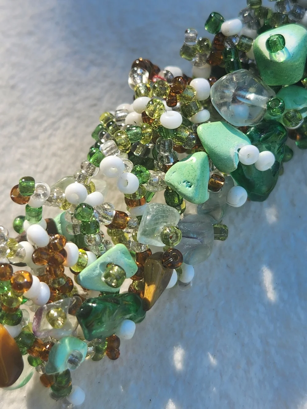 VTG Artisan Handmade Beaded Cluster Cuff Bracelet Earthy Green Stone Chip Boho